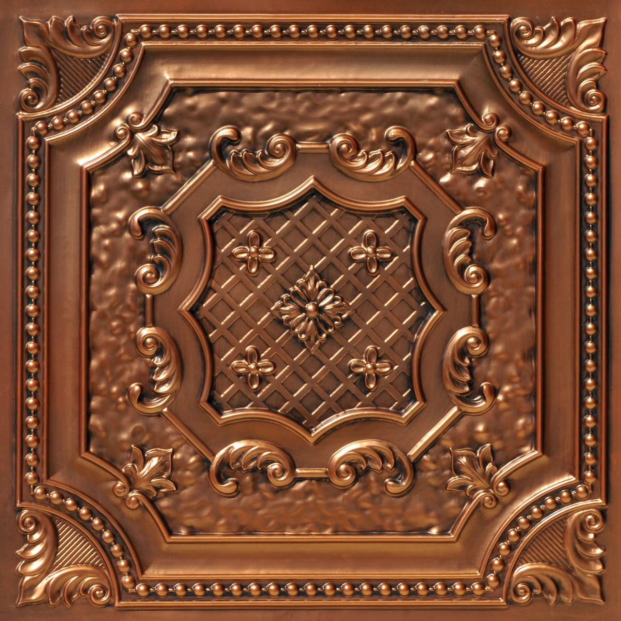 3d Antique Copper ceiling tile made from PVC was used as a floor tile in photography.