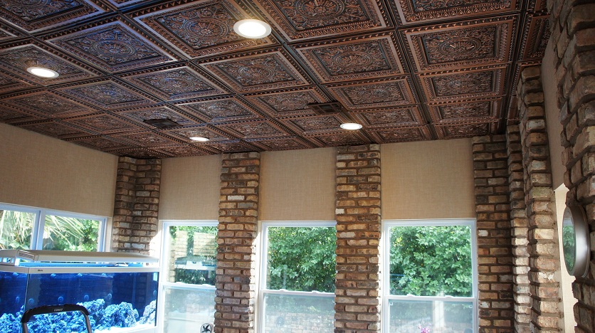 An image of a room with lots of windows and our 223 Faux Tin Ceiling Tile in Antique Coper.