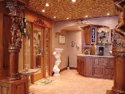 Beautiful wine cellar topped off with our Tin Ceiling Tiles.