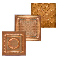A collage of images that leads to the category page where you will find new solid copper and aged solid copper ceiling tiles.
