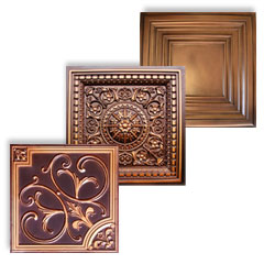 Several PVC Faux Copper and Styrofoam Ceiling Tiles.