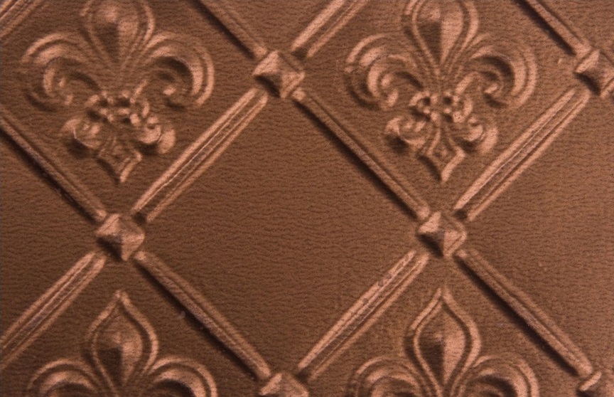 faux tin backsplash roll wc 80 copper Fleur de lis. Image taken is of a 6x4 piece of the product.