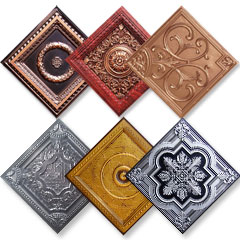 6 drop in faux tin ceiling tiles in Antique Silver, Silver, Copper, Antique Copper and Antique Gold.