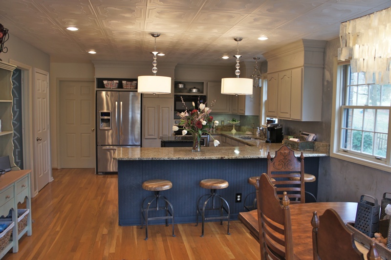 Gorgeous Kitchen by Bella Tucker with Styrofoam Ceiling Tiles After image of a kitchen by bella tucker. Paitned cabinets, new ceiling lighting fixtures.