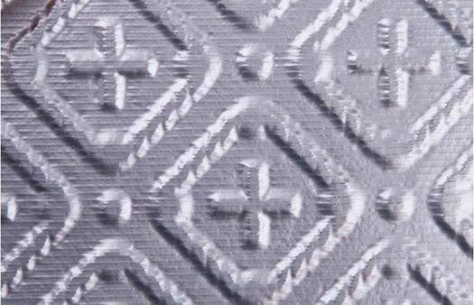WC 70 Faux Tin Backsplash - Silver is a 3" pattern with a cross and it is made out of PVC.  The image was taken of a 6 inch wide and 4 inch tall piece of backsplash roll.