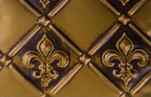wc 80 faux tin backsplash, fleur de lis pattern in antique brass.  The iamge is take of a 6x4 inch piece.