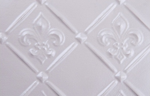 wc80-faux-tin-backspash, pattern fleur de lis in white pearl. Image represents 6x4 inches of the actual product.