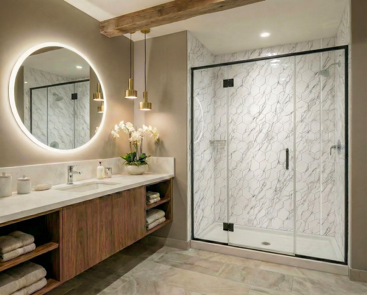 Hotel Bathroom Hex Marble Shower Walls and Faux Beam