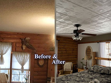 Bedroom with Styrofoam Ceiling Tile R11 Before and After