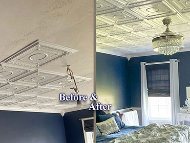 Bedroom with Styrofoam Ceiling Tile R47 Before and After