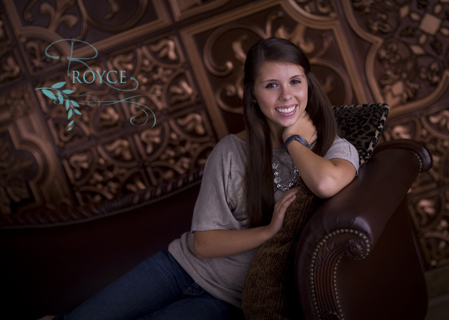 Beautiful senior image using decorative ceiling tiles as a backdround by royce photography