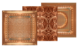 Image shows 3 of our Solid Copper Ceiling Tiles.